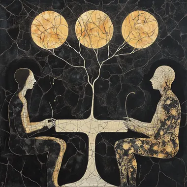 a diagram of 4 people meeting, diagram form, talking, sharing thoughts