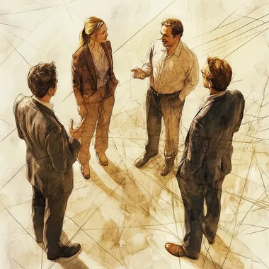 a diagram of 4 people meeting, diagram form, talking, sharing thoughts