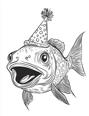 bold line art, black and white, minimalist, smiling ecstatic excited joyful fish big smile, wearing party hat, all white, basic svg, minimalist art, mostly white space, simple coloring page  --s 60