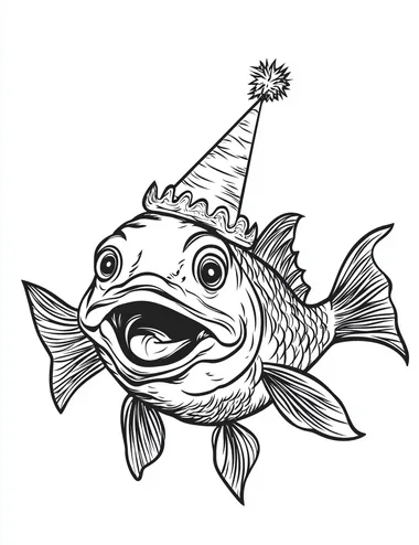 bold line art, black and white, minimalist, smiling ecstatic excited joyful fish big smile, wearing party hat, all white, basic svg, minimalist art, mostly white space, simple coloring page  --s 60