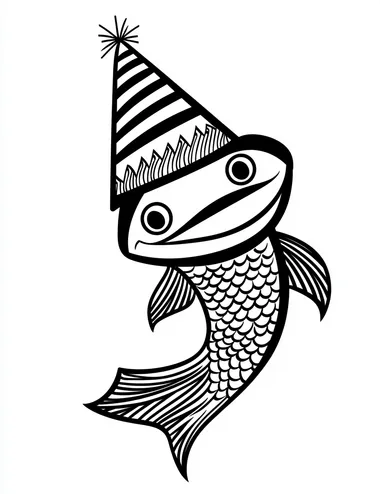 bold line art, black and white, minimalist, smiling ecstatic excited joyful fish big smile, wearing party hat, all white, basic svg, minimalist art, mostly white space, simple coloring page  --s 60
