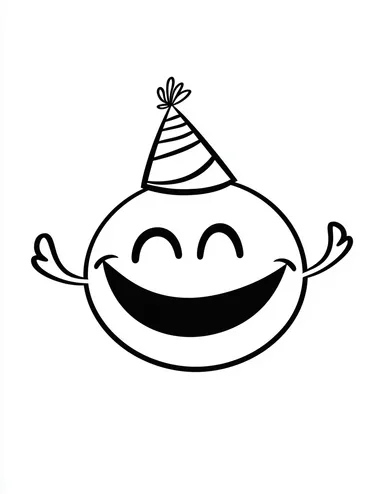 bold line art, black and white, minimalist, smiling ecstatic excited joyful fish big smile, wearing party hat, all white, basic svg, minimalist art, mostly white space, simple coloring page  --s 60
