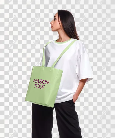4K, minimalistic and stylish oversized white t-shirt with pale green trim, and holding a shopper bag in her hand, bag clearly visible in profile to the viewer, photographed from the waist up against a white background, hands in pockets, black trousers, long dark hair down, profile shot, white background  --raw   rofile 973wwjx