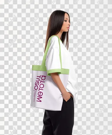 4K, minimalistic and stylish oversized white t-shirt with pale green trim, and holding a shopper bag in her hand, bag clearly visible in profile to the viewer, photographed from the waist up against a white background, hands in pockets, black trousers, long dark hair down, profile shot, white background  --raw   rofile 973wwjx
