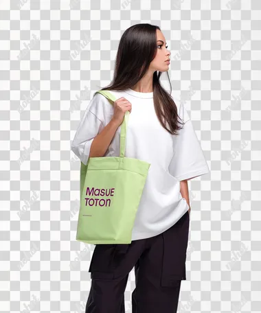 4K, minimalistic and stylish oversized white t-shirt with pale green trim, and holding a shopper bag in her hand, bag clearly visible in profile to the viewer, photographed from the waist up against a white background, hands in pockets, black trousers, long dark hair down, profile shot, white background  --raw   rofile 973wwjx