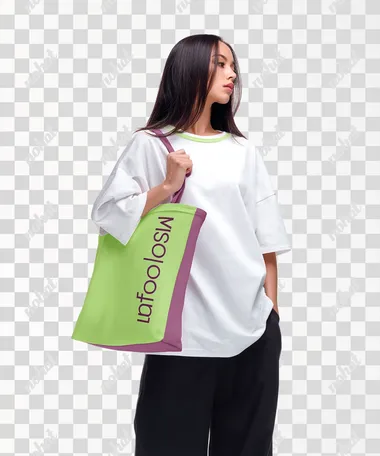 4K, minimalistic and stylish oversized white t-shirt with pale green trim, and holding a shopper bag in her hand, bag clearly visible in profile to the viewer, photographed from the waist up against a white background, hands in pockets, black trousers, long dark hair down, profile shot, white background  --raw   rofile 973wwjx