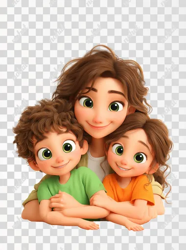 image of a loving mother sitting at a wooden table, hugging her smiling son and daughter, warm family moment, diversity, brazilians, children wearing green and orange t-shirts, mother with long brown hair, all with big expressive eyes, 3d, Pixar Disney style, controlled lighting, white background  --raw
