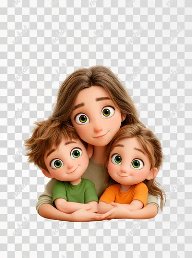 image of a loving mother sitting at a wooden table, hugging her smiling son and daughter, warm family moment, diversity, brazilians, children wearing green and orange t-shirts, mother with long brown hair, all with big expressive eyes, 3d, Pixar Disney style, controlled lighting, white background  --raw