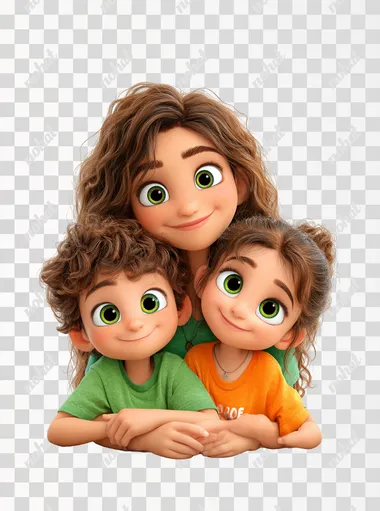 image of a loving mother sitting at a wooden table, hugging her smiling son and daughter, warm family moment, diversity, brazilians, children wearing green and orange t-shirts, mother with long brown hair, all with big expressive eyes, 3d, Pixar Disney style, controlled lighting, white background  --raw