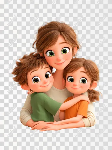 image of a loving mother sitting at a wooden table, hugging her smiling son and daughter, warm family moment, diversity, brazilians, children wearing green and orange t-shirts, mother with long brown hair, all with big expressive eyes, 3d, Pixar Disney style, controlled lighting, white background  --raw