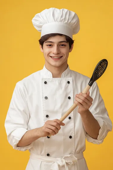 A young man, 18 years old, brunette, smile, chef de cuisine, chef clothes, chef hat, holding a kitchen utensil in her hands, seemingly ready to create something great, photorealistic, 8k, volumetric, professional photography, full body shot, no cropping, studio lighting, realism, very intricate and detailed, yellow background