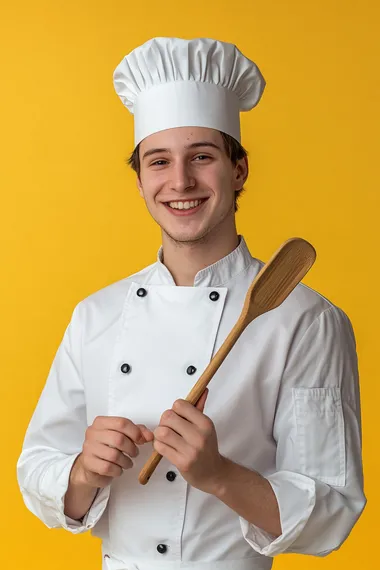 A young man, 18 years old, brunette, smile, chef de cuisine, chef clothes, chef hat, holding a kitchen utensil in her hands, seemingly ready to create something great, photorealistic, 8k, volumetric, professional photography, full body shot, no cropping, studio lighting, realism, very intricate and detailed, yellow background
