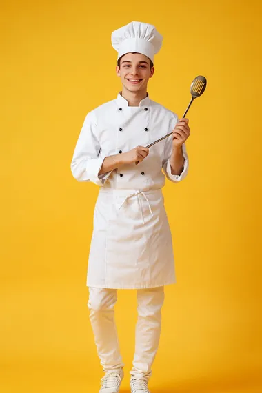 A young man, 18 years old, brunette, smile, chef de cuisine, chef clothes, chef hat, holding a kitchen utensil in her hands, seemingly ready to create something great, photorealistic, 8k, volumetric, professional photography, full body shot, no cropping, studio lighting, realism, very intricate and detailed, yellow background