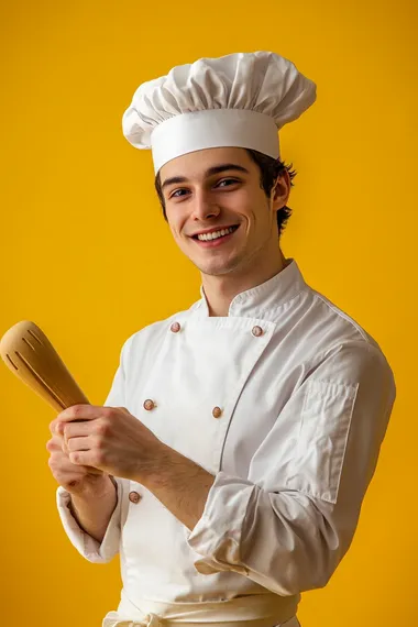 A young man, 18 years old, brunette, smile, chef de cuisine, chef clothes, chef hat, holding a kitchen utensil in her hands, seemingly ready to create something great, photorealistic, 8k, volumetric, professional photography, full body shot, no cropping, studio lighting, realism, very intricate and detailed, yellow background