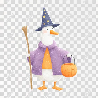 simple watercolor illustration of a goose wearing a purple and orange cloak and a starry wizard hat, holding a pumpkin bucket and a wooden staff, standing confidently, Halloween theme  shadows  rofile k67154z