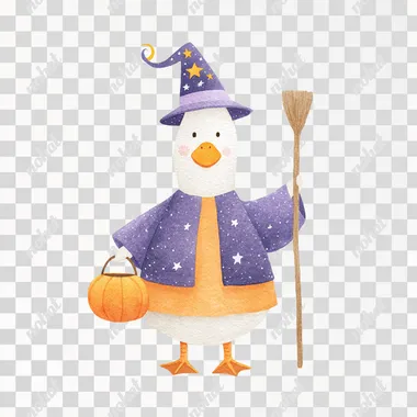 simple watercolor illustration of a goose wearing a purple and orange cloak and a starry wizard hat, holding a pumpkin bucket and a wooden staff, standing confidently, Halloween theme  shadows  rofile k67154z