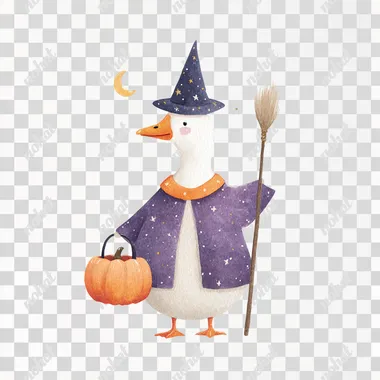 simple watercolor illustration of a goose wearing a purple and orange cloak and a starry wizard hat, holding a pumpkin bucket and a wooden staff, standing confidently, Halloween theme  shadows  rofile k67154z