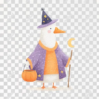 simple watercolor illustration of a goose wearing a purple and orange cloak and a starry wizard hat, holding a pumpkin bucket and a wooden staff, standing confidently, Halloween theme  shadows  rofile k67154z