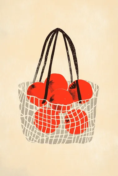 A shopping bag made of net containing red tomatoes, a simple drawing, on a beige background, a vector illustration, in the style of Henri Matisse and Maud Lewis, flat illustrations, a minimalist style, graphic design poster art, a bold color palette, minimalism, high contrast, strong visual impact, and award-winning works.