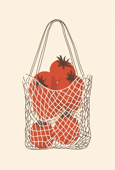 A shopping bag made of net containing red tomatoes, a simple drawing, on a beige background, a vector illustration, in the style of Henri Matisse and Maud Lewis, flat illustrations, a minimalist style, graphic design poster art, a bold color palette, minimalism, high contrast, strong visual impact, and award-winning works.