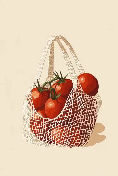 A shopping bag made of net containing red tomatoes, a simple drawing, on a beige background, a vector illustration, in the style of Henri Matisse and Maud Lewis, flat illustrations, a minimalist style, graphic design poster art, a bold color palette, minimalism, high contrast, strong visual impact, and award-winning works.