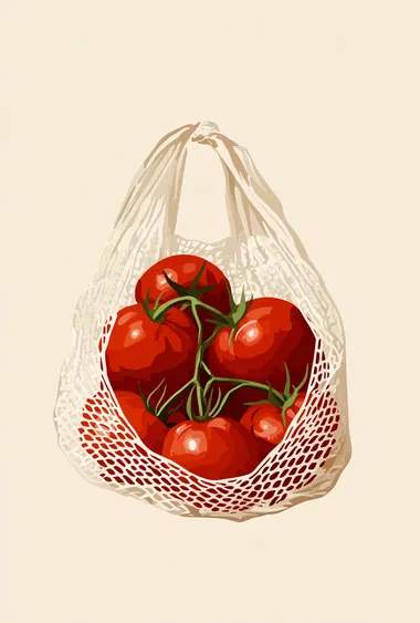 A shopping bag made of net containing red tomatoes, a simple drawing, on a beige background, a vector illustration, in the style of Henri Matisse and Maud Lewis, flat illustrations, a minimalist style, graphic design poster art, a bold color palette, minimalism, high contrast, strong visual impact, and award-winning works.