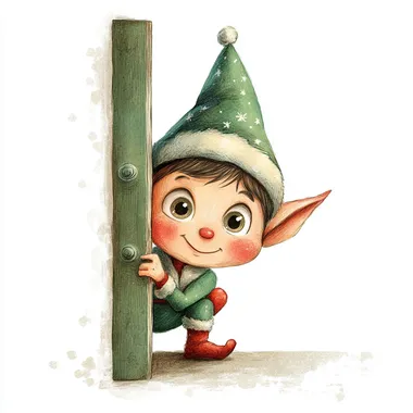 an illustration of a cute christmas elf peeping his head out from behind a half open door, isolated on a white background