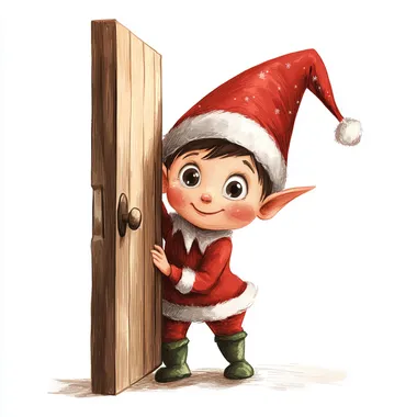 an illustration of a cute christmas elf peeping his head out from behind a half open door, isolated on a white background