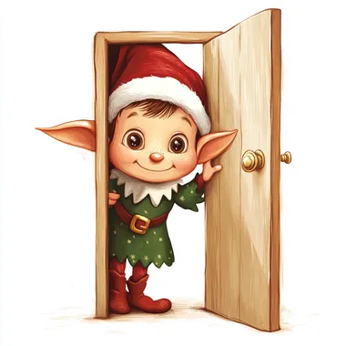 an illustration of a cute christmas elf peeping his head out from behind a half open door, isolated on a white background