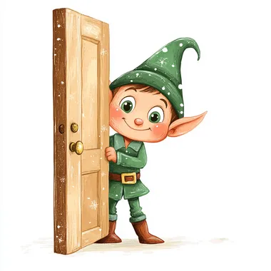 an illustration of a cute christmas elf peeping his head out from behind a half open door, isolated on a white background
