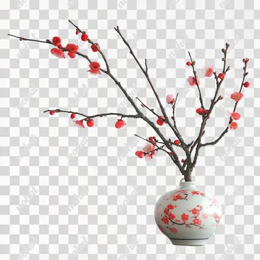 Plum branches, some plum blossoms, interior accessories, white background, simple feeling