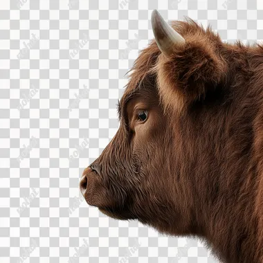 a photo of side view of a brown cow, white png background, realistic