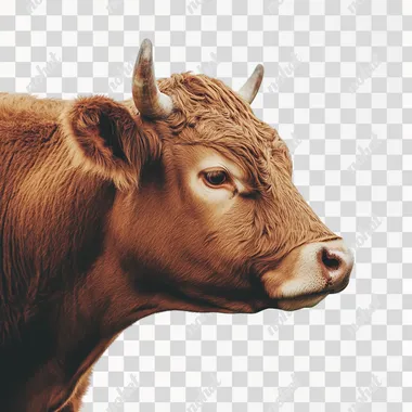 a photo of side view of a brown cow, white png background, realistic