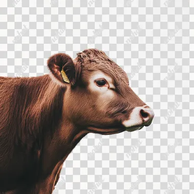 a photo of side view of a brown cow, white png background, realistic