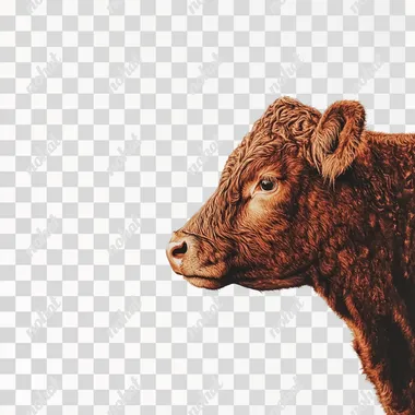 a photo of side view of a brown cow, white png background, realistic
