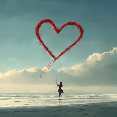 A photo of a lady on the beach flying a kite in shape of a heart made out of red strings