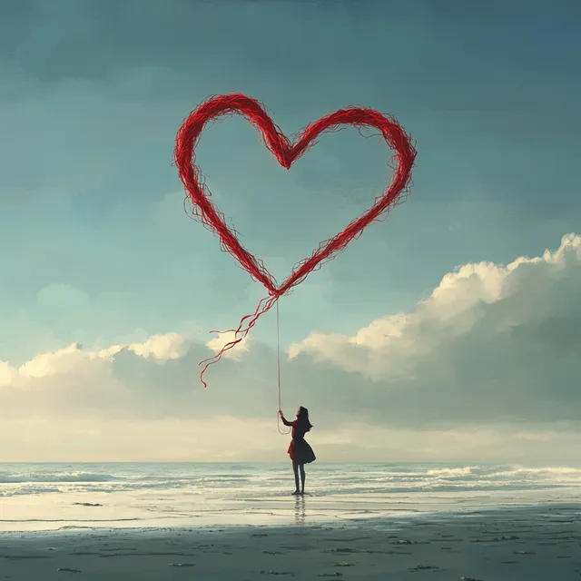 Woman flying a heart-shaped kite made of red strings on the beach