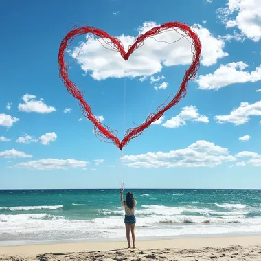 A photo of a lady on the beach flying a kite in shape of a heart made out of red strings