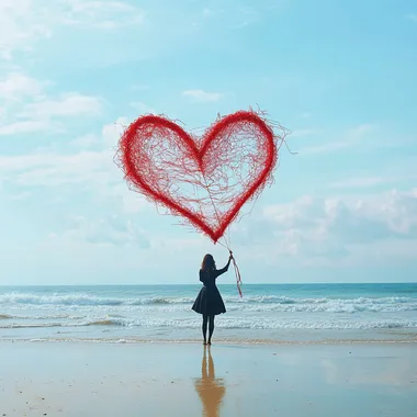 A photo of a lady on the beach flying a kite in shape of a heart made out of red strings