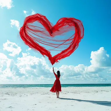 A photo of a lady on the beach flying a kite in shape of a heart made out of red strings