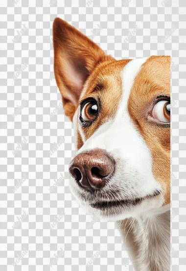 funny dog face realistic with stupid reaction. From a side perspective on a flat white background.