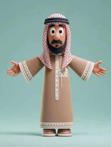 saudi man 3d pixar character style, 3D model, front view, Character design, simple flat background,3D rendering, cute characters, cartoon figure -