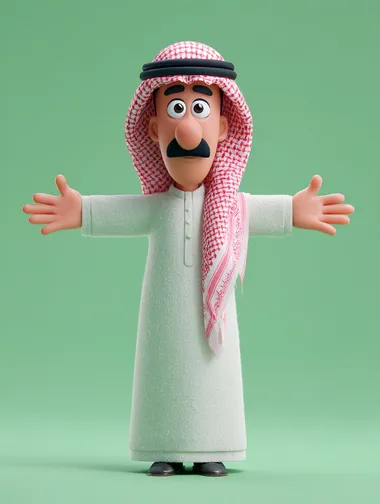 saudi man 3d pixar character style, 3D model, front view, Character design, simple flat background,3D rendering, cute characters, cartoon figure -