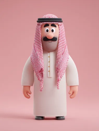 saudi man 3d pixar character style, 3D model, front view, Character design, simple flat background,3D rendering, cute characters, cartoon figure -