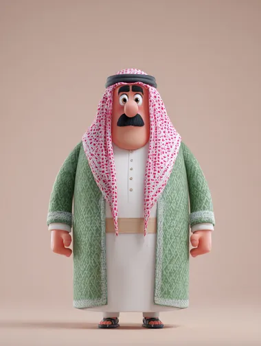 saudi man 3d pixar character style, 3D model, front view, Character design, simple flat background,3D rendering, cute characters, cartoon figure -