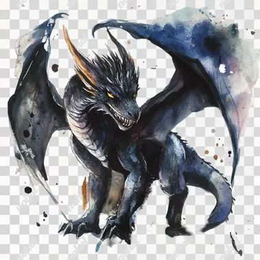 fierce black dragon, watercolor storybook style 100% white background