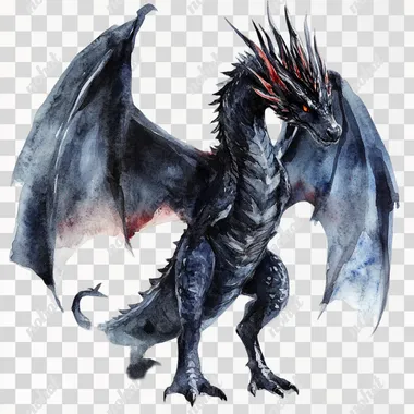 fierce black dragon, watercolor storybook style 100% white background