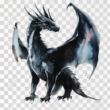 fierce black dragon, watercolor storybook style 100% white background