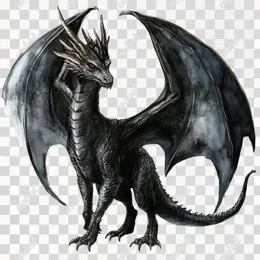 fierce black dragon, watercolor storybook style 100% white background