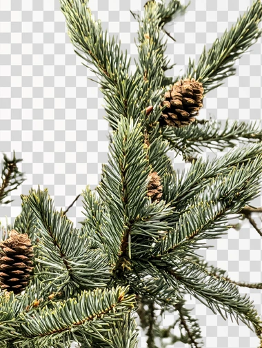 a large fir tree with many needles and some pine cones. white background
